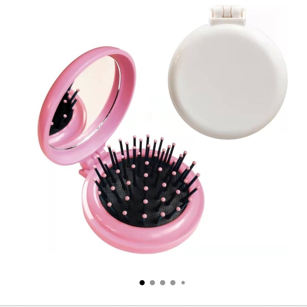 White Mini Folding Hair Brush with Mirror